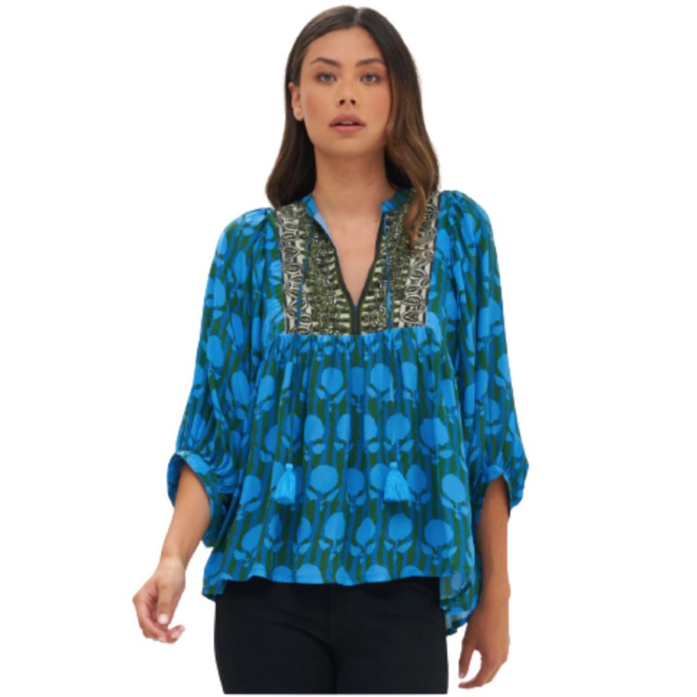 Oliphant Istanbul Blouse Top Shirt Womens XL Blue Green VNeck 3/4 Sleeve Tassel